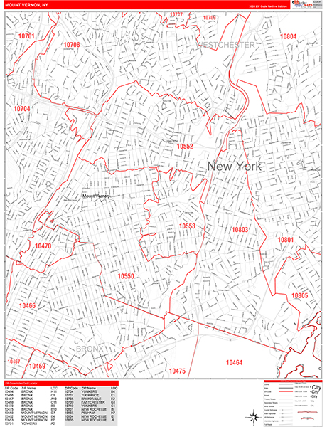 Mount Vernon City Wall Map Red Line Style